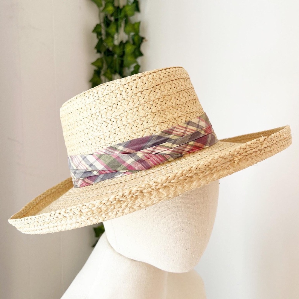 Preppy Straw Boater Hat Natural Beige Plaid Band Wide Brim Sun Hat